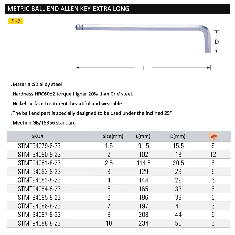 Stanley 1 piece extra long ball-end metric hex key torque key allen 1.5mm 2mm 2.5mm 3mm to 7mm 8mm 10mm L-shape wrench hexagon