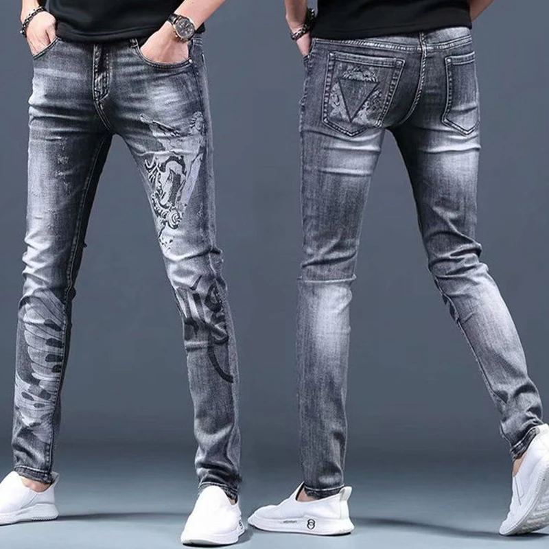 Korea Version Men’s Light Luxury Gray Jean, High Quality Slim Stretch Jeans,Print Casual Jeans,Sexy Stylish Street Jeans;