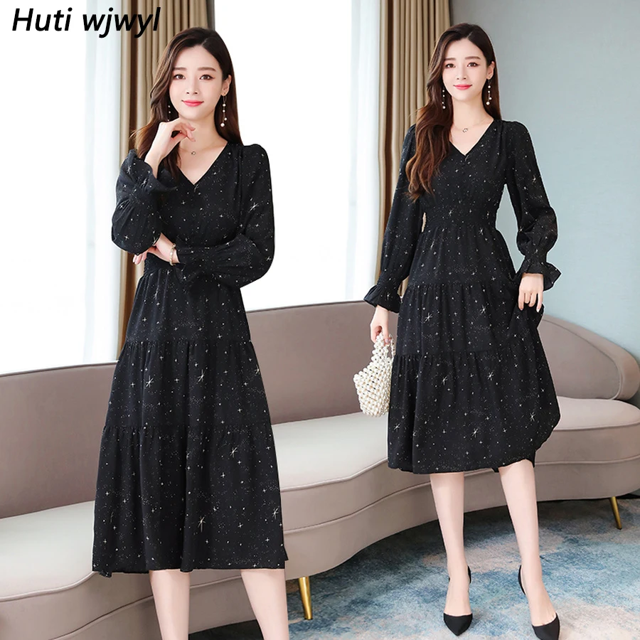 

2024 Femal Vintage Black Chiffon Midi Dresses Autumn Winter Solid Casual Long Sleeve Dress Elegant Women Bodycon Party Vestidos