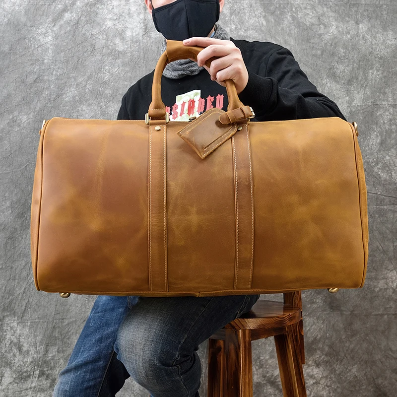 

Men's Travel Bag Genuine Leather Overnight Tote Thick crazy horse leather Travel Duffle Zip-around Luggage Bag Male Weekend Bag