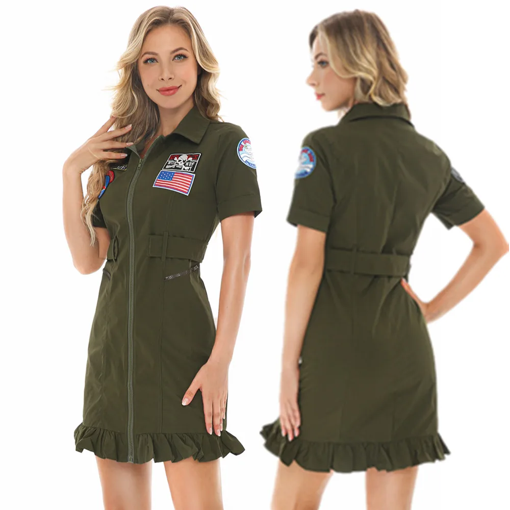 

Sexy Female American Airforce Pilot Uniform Army Green Military Flight Pilot Costume Halloween Adult Women Cosplay Fancy Dress