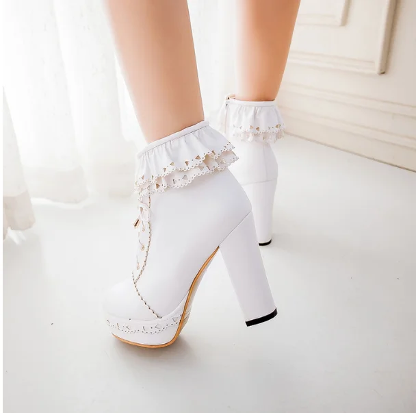 Japanese sweet lolita shoes vintage round head high-heeled women shoes cute lace hollow out lacing kawaii shoes loli cosplay