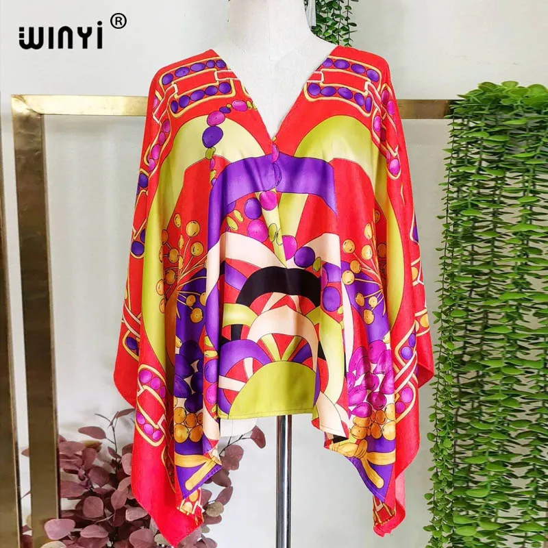 New Printed Middle East 2021 Silk Bohemian summer Beach top clothes Batwing Sleeve abaya Silk top dresses for women WINYI