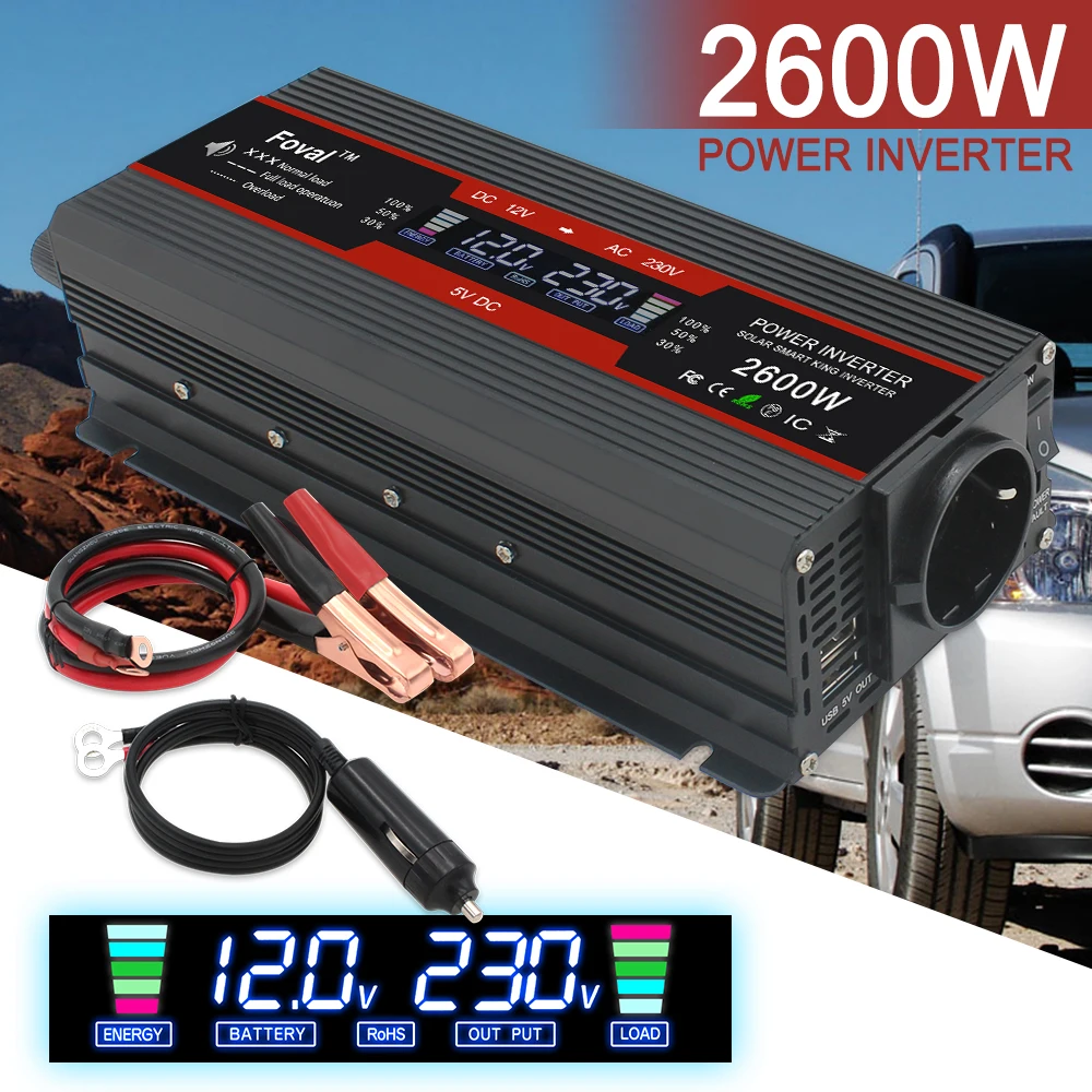 1500W/2000W/2600W Modified Sine Wave  LCD display Power Inverter DC 12V to AC 220V Solar 2 USB Car Transformer Convert EU Socket