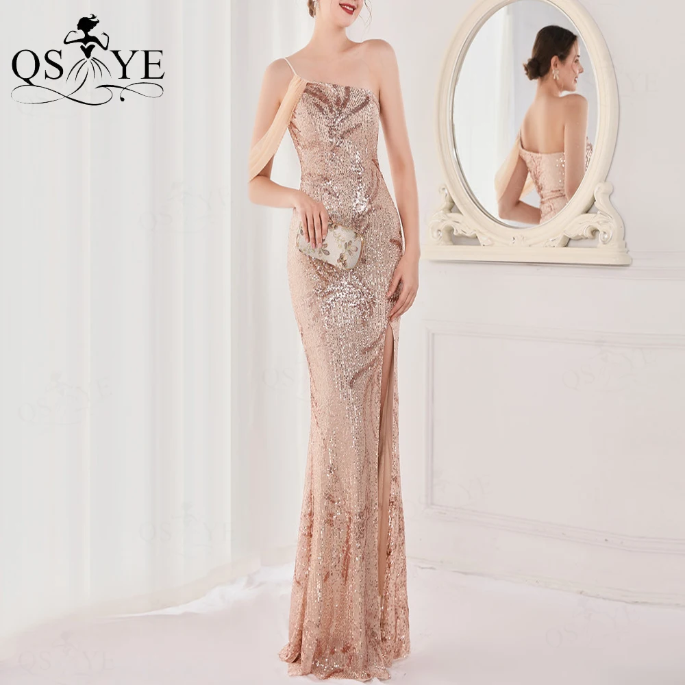 

One Shoulder Gold Sequin Prom Dresses Mermaid Evening Gown Shoulder Strap Sexy Split Formal Bead Tulle Side Sleeve Party Gown