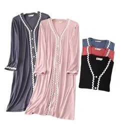 Camisón de Modal para mujer, cárdigan de encaje de manga larga, vestido de longitud media, ropa exterior, ropa de dormir para el hogar, primavera y otoño