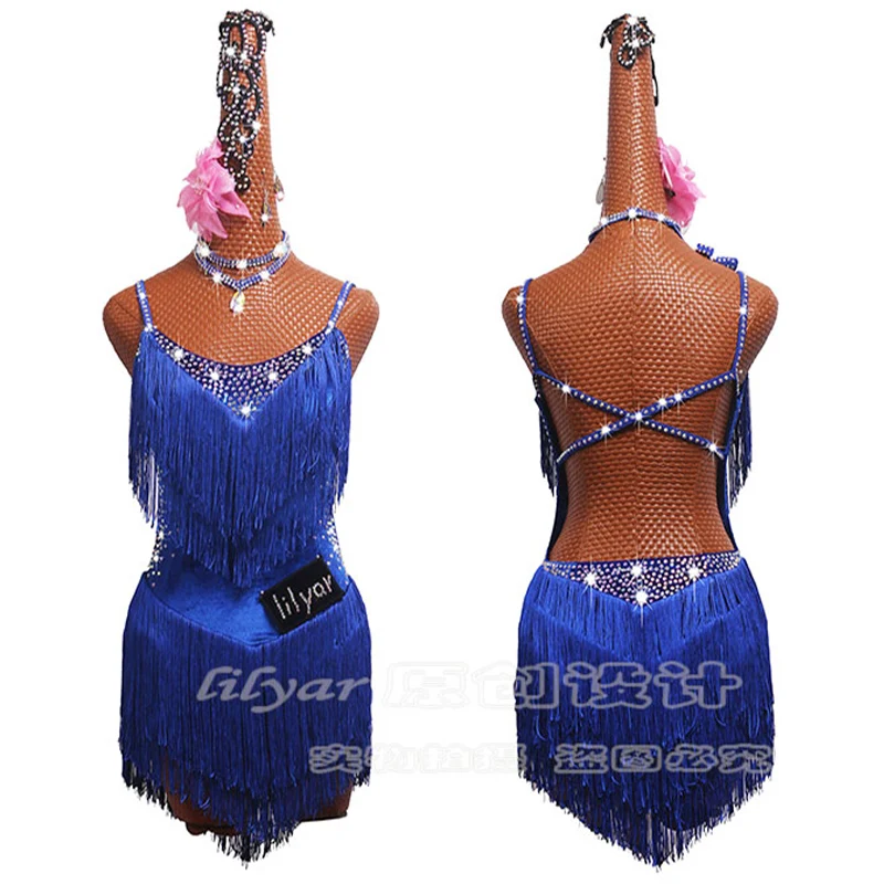 New Latin Dance Dress Competition Dress pole Costumes Skirt Performing Dress Adult Customize Children Royal blue fringed skirts