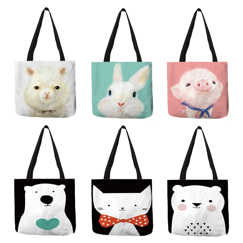 Cartoon Design Hand Bag Cute Animal Pig Cat Printing Tote Bag Eco Linen Fabric Reusable Casual Shoulder Bag