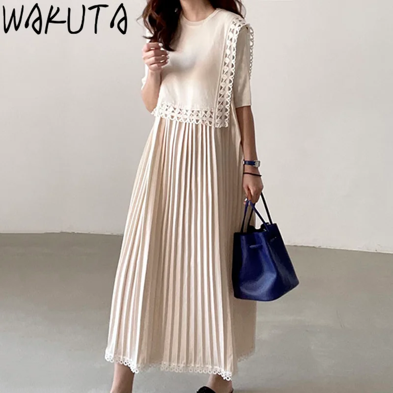 WAKUTA French New Women Vintage Loose Long Dress 2024 Summer Hollow Out Pleated Dresdes Fashion Korean Womens Clothes Elegant