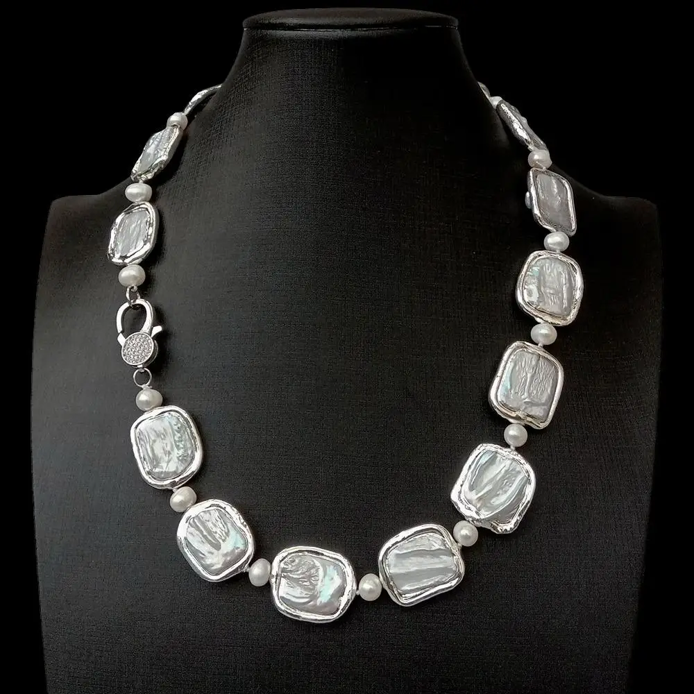 Y·YING Cultured White Pearl Rectangle Shape Keshi Pearl White Gold Color Plated Edge Necklace 20'