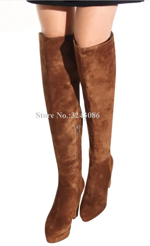 New Brown Chunky Heel Platform Long Boots Woman Suede Thick Heel Over-the-knee Boots Lady Large Size Banquet Shoes Dropship