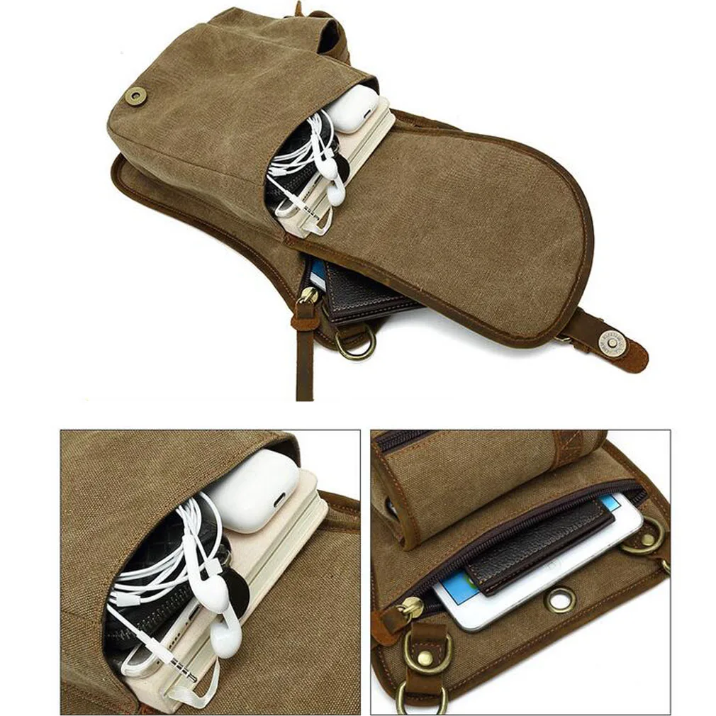 Vintage Men Leg Drop Bags Canvas Splicing Crazy Horse Leather Crossbody Shoulder Rider Hip Bum Belt Fanny Waist Bag