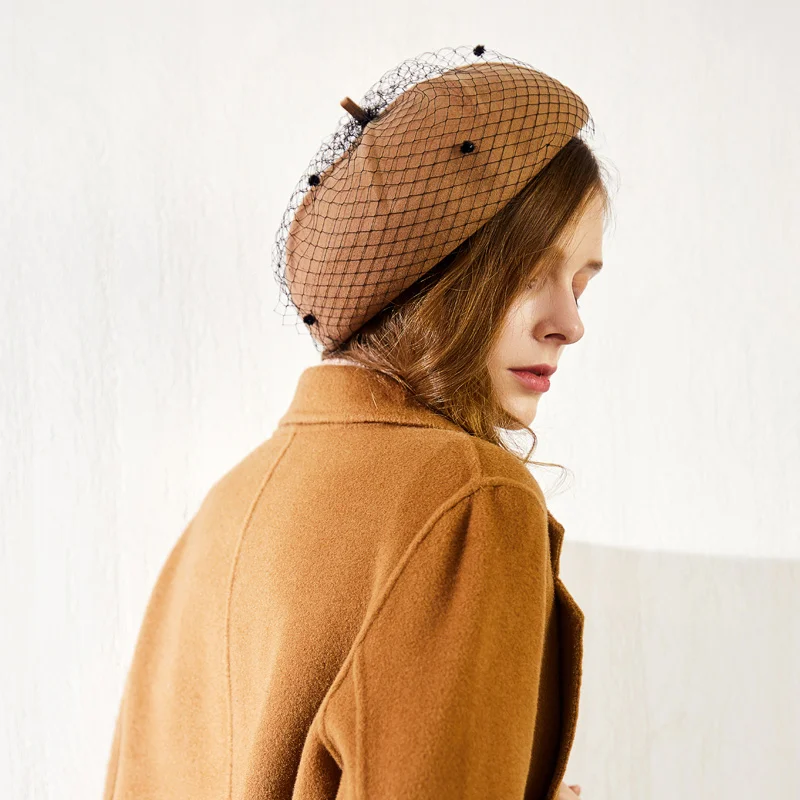 H7611 Women Beret Hat Autumn Winter Warm Thick Mesh Yarn Retro Elegant Wool Cap Female Lady Banquet Shopping Party Church Hats