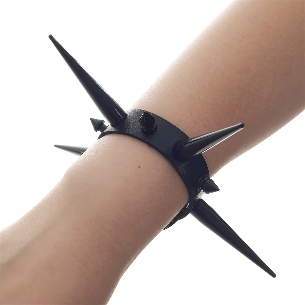 

Black Long Spike Bracelet Punk Faux Leather Bracelets Goth Girl Cool Bangle Studded Rock Wristband for Women Men Emo Jewelry