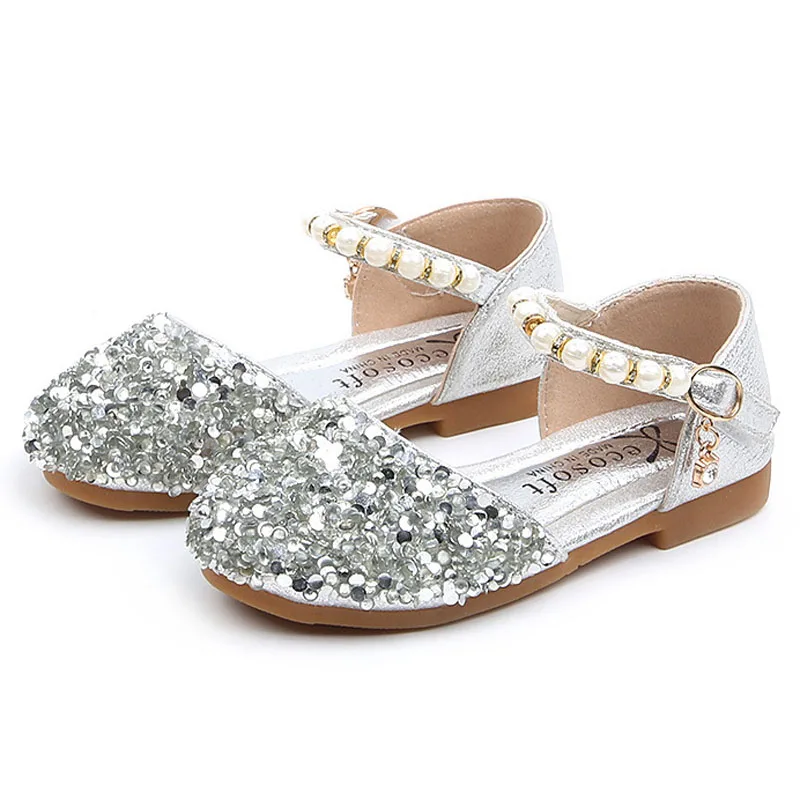 Princess Girls Party Dance Shoes Student Flats Children Girls Shoes Pearl Sequin Sandals  Kids Performance Shoes CSH1218