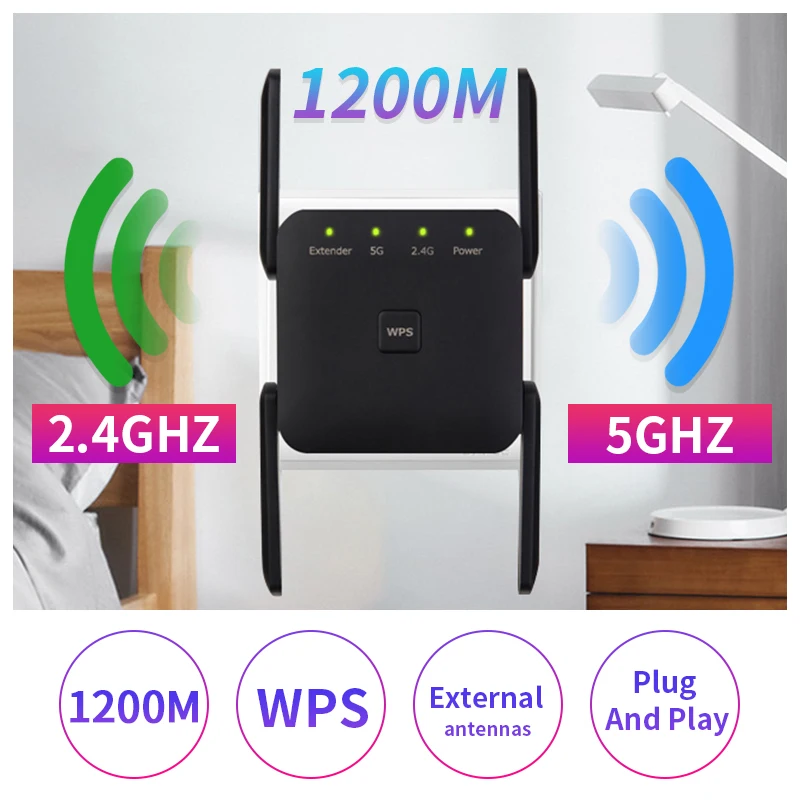 1200Mbps WiFi Repeater Dual Band Wireless WiFi Range Extender  Wi-Fi Long Signal Amplifier 2.4G&5G Repeater WiFi