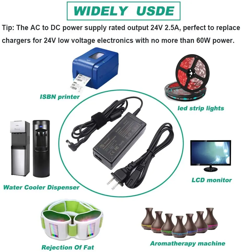 24 فولت التيار المتناوب توريد محول لشرائط LED ، Vizio سامسونج Soundbar ، Dymo تسميات الطابعة ، لوجيتك سباق عجلة مع 5.5X2.1 مللي متر تيار مستمر جاك