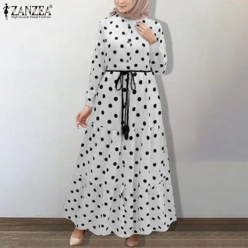 

Muslim Polka Dot Maxi Dress Womens 2023 Spring Autumn ZANZEA Elegant Waiist Belt Ruffle Dubai Abaya Turkey Hijab Kaftan Vestidos