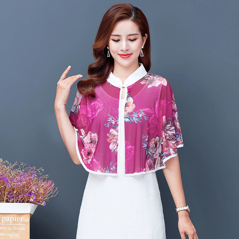 

Ethnic style sunscreen mesh print shawl Spring and summer women's cheongsam jacket short cardigan top thin beach holiday 2021