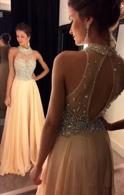 Vestido Glamorous Hoge Hals Staaflijst Kristallen Avondjurk 2020 A-lijn Mouwloos Chiffon Illusion Sexy Backless Prom Dresses