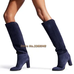 Suede Navy Blue Boots Round Toe Chunky Heels Knee High Long Boots Slip On Square Custom Made Winter Women Boots New Arrivals