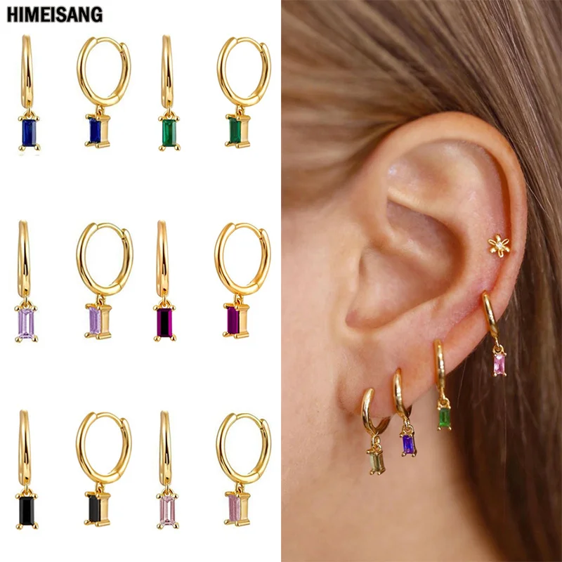 Silver Gold Plated Rectangle Drop Hoop Earrings  for Women CZ Zircon Circle Huggie Long Ear Rings Dangle Earring Jewelry Aretes