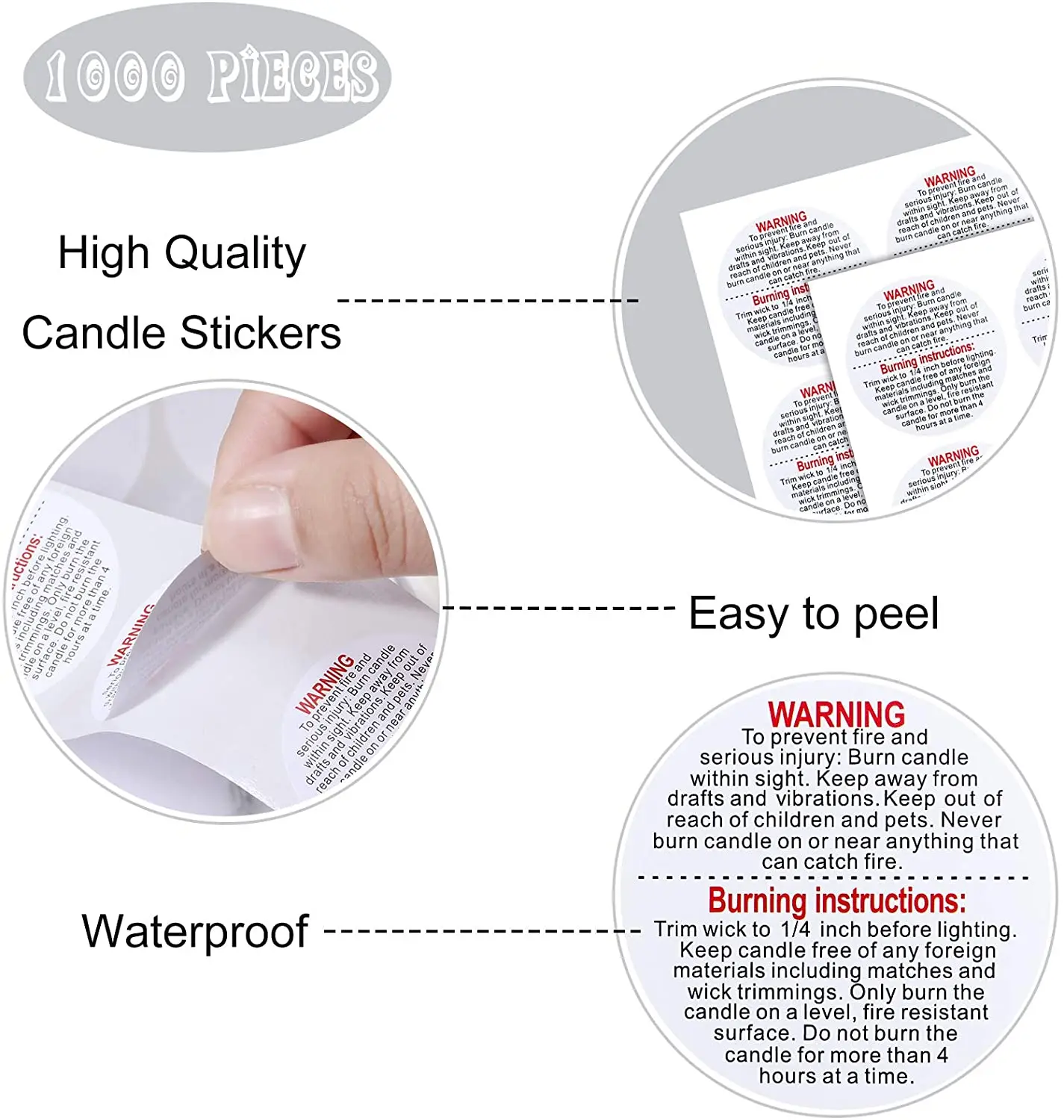 500Pcs Candle Warning Labels Stickers Tearproof Waterproof Scratchproof Perfect Size Big Text Fire Safety