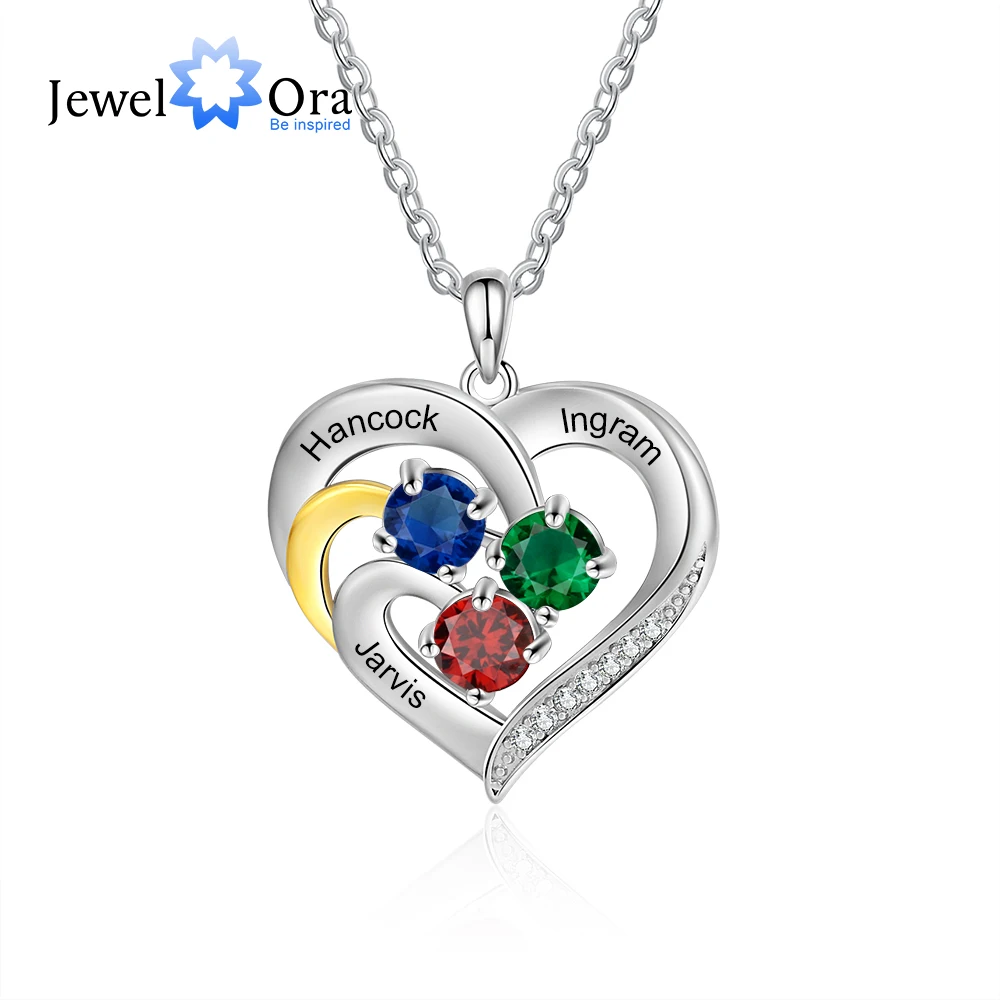 

JewelOra Customized Heart Pendant with Round Birthstone Personalized Engraved 3 Names Necklace Christmas Gift for Mothers