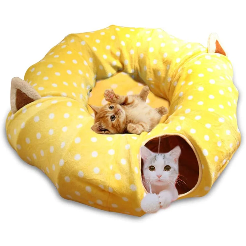 Soft Mink Cashmere Cat Dog Tunnel Bed with Mat Collapsible 3 Way Cat Tube Play Toys with Peek Hole for Pet Kittens Kitty Puppy