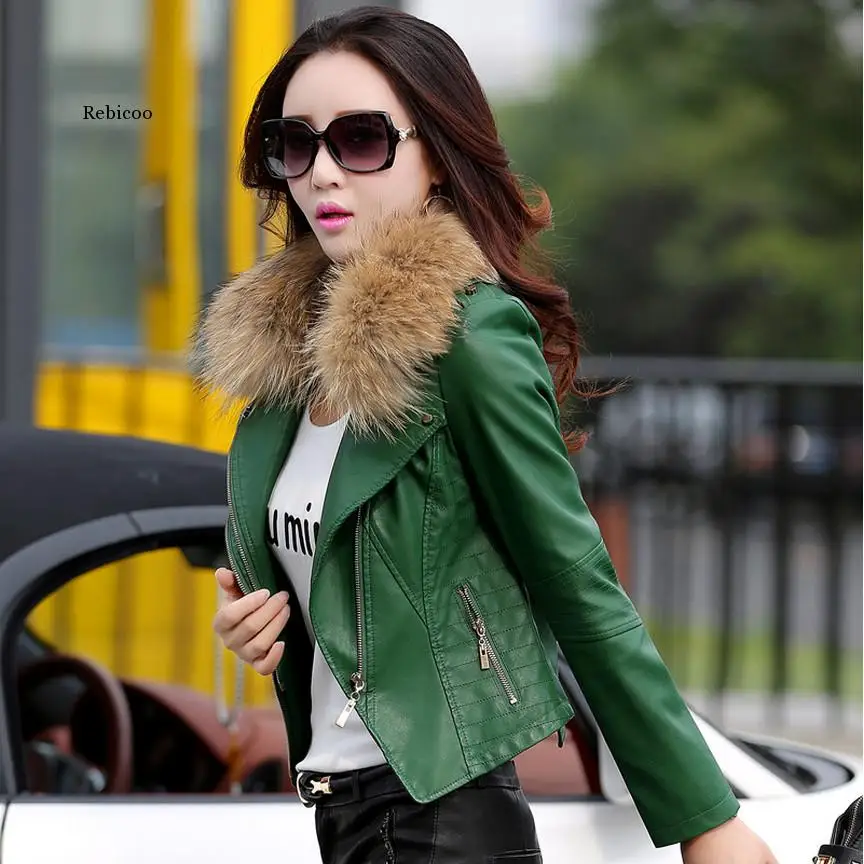 Autumn New Women Genuine Racoon Dog Fur Collar Leather Jacket Slim Stand Collar Plus Cotton Motorcycle Leather Jacket M-5XL