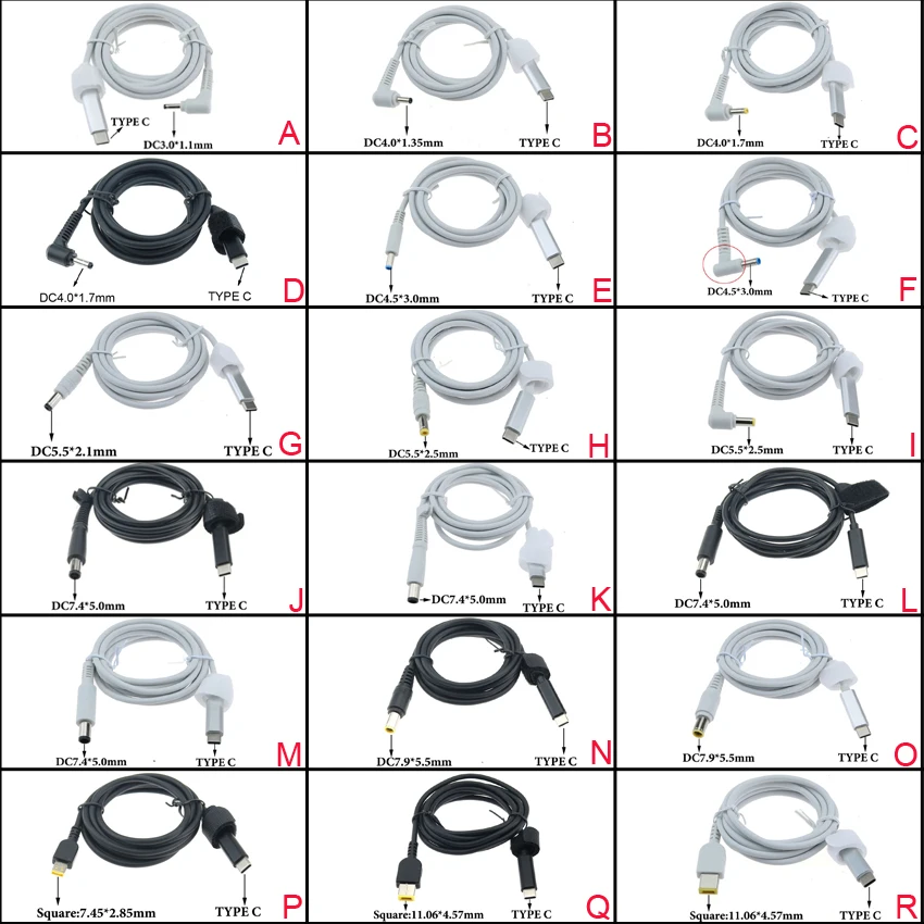 

White/Black USB Type C to 4.0x1.7 7.9x5.5 7.4x5.0 3.0x1.1 5.5x2.5mm Male Plug Converter DC USB C PD Laptop Charging Cable