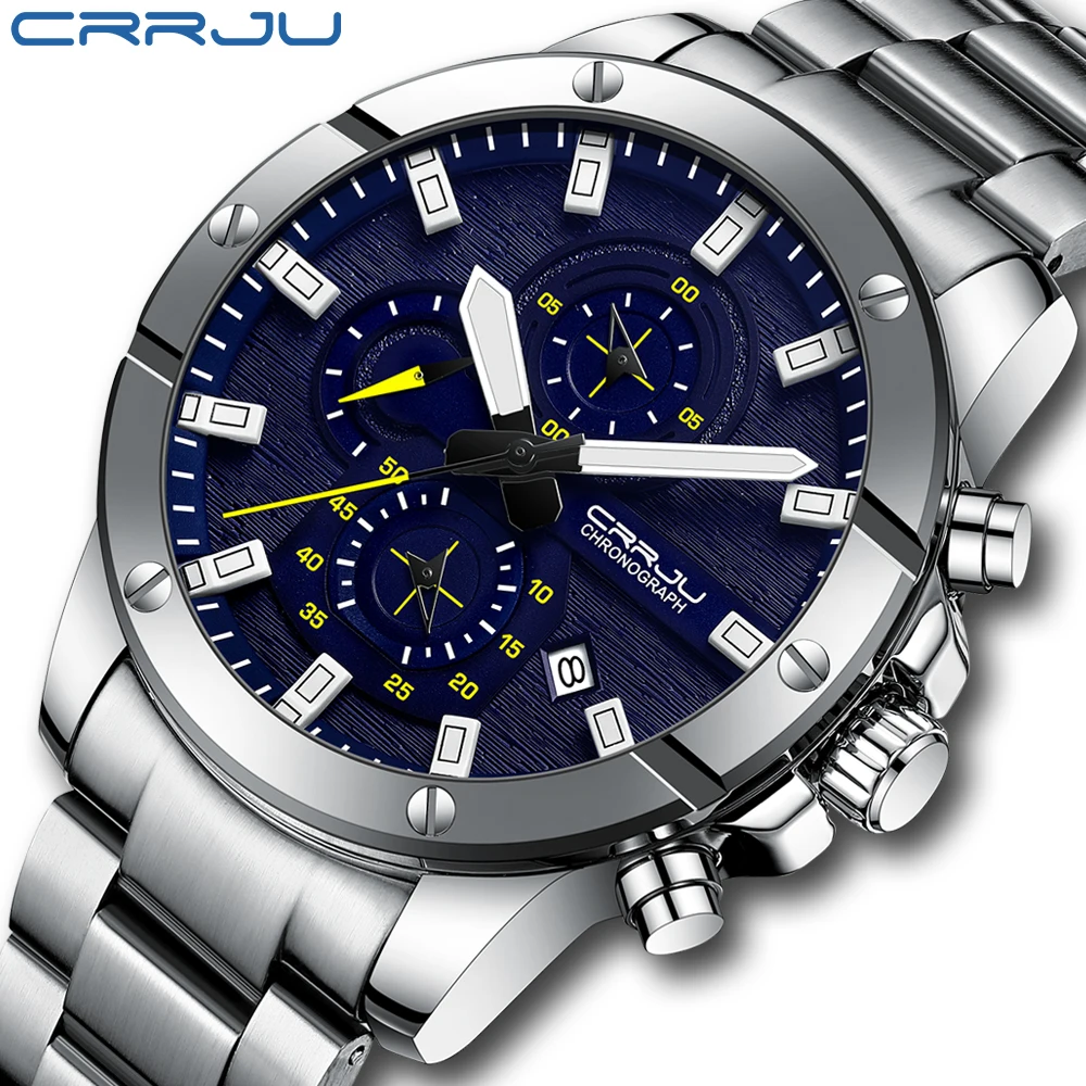 CRRJU Blu Mens Orologi con Top In Acciaio Inox di Marca di Lusso Degli Uomini di Sport Cronografo Al Quarzo Orologi Orologio Relogio Masculino