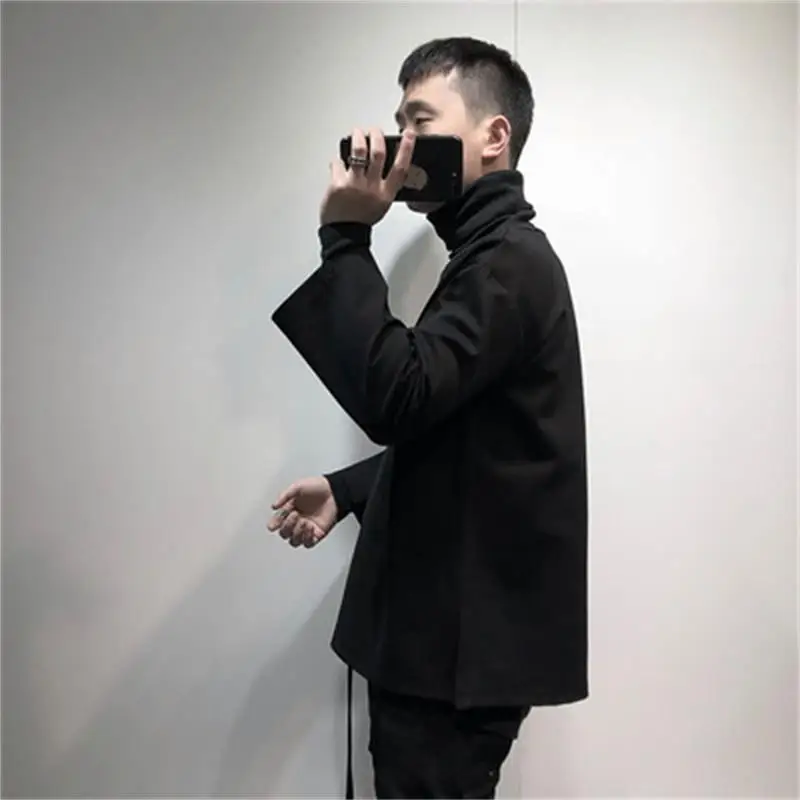 Large sizeYamamoto Style Black Turtleneck thin sweater man dark solid color slit designer loose seven-sleeve jacket