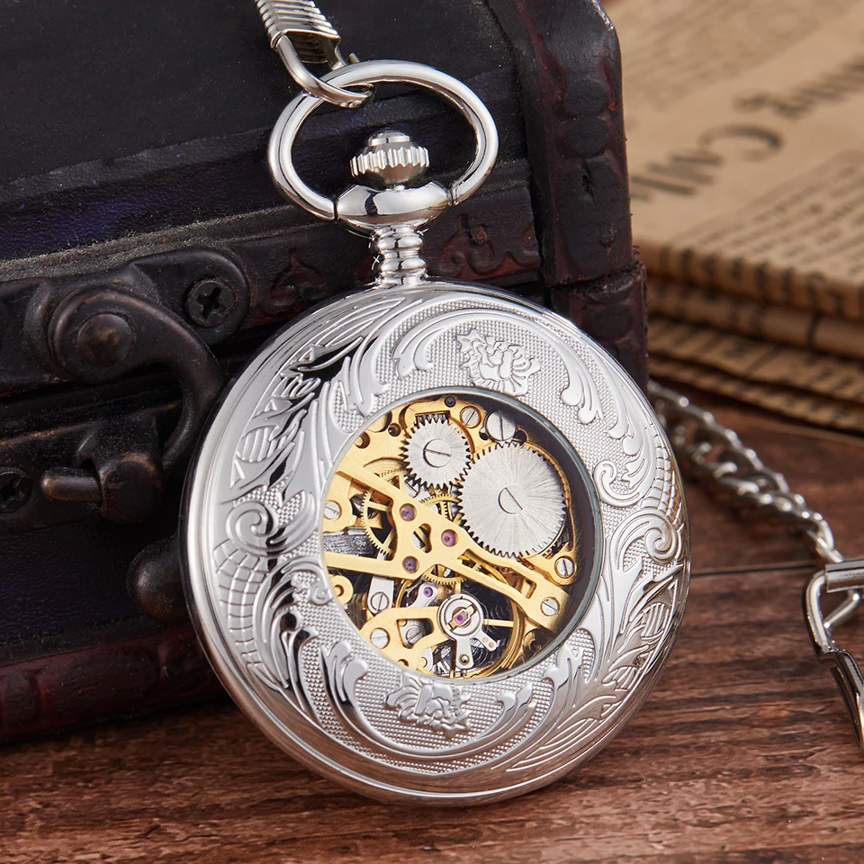 Hollow Flower Engrave Mechanical Pocket Watch Elegant Flip Case Fob Chain Clock Hand-Winding Vintage Watches for Men Women Gifts