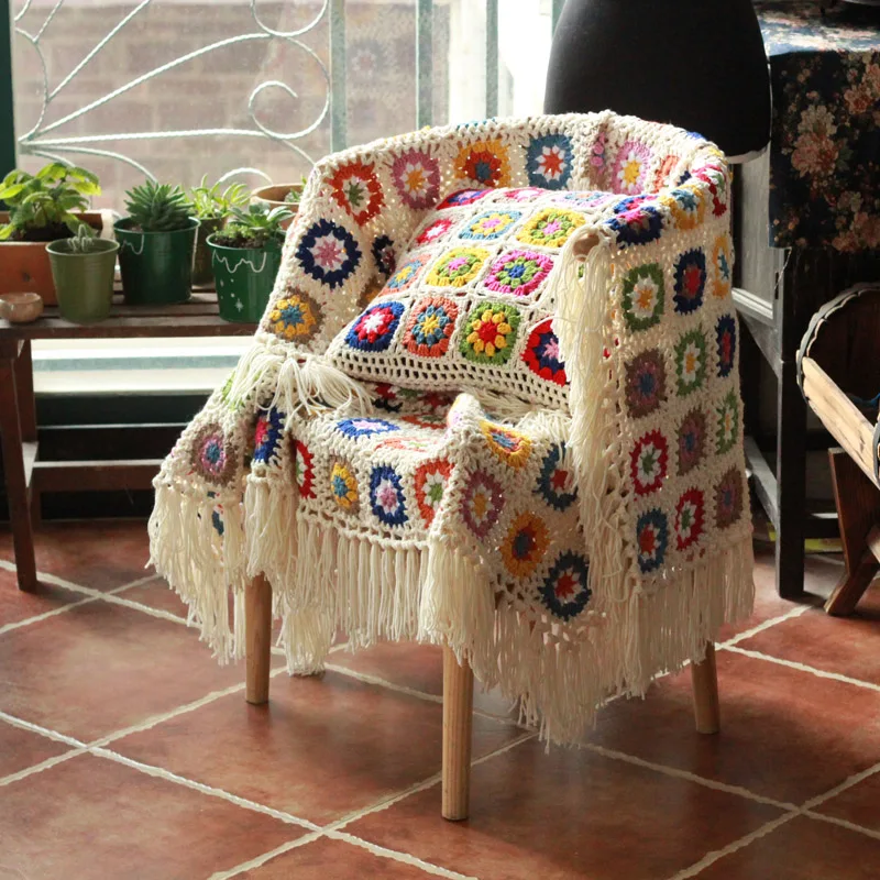 Colorful Granny Crochet Tassels blanket Handmade Knitting sofa Throw with tassels cushion pastoral style table cover Decoration