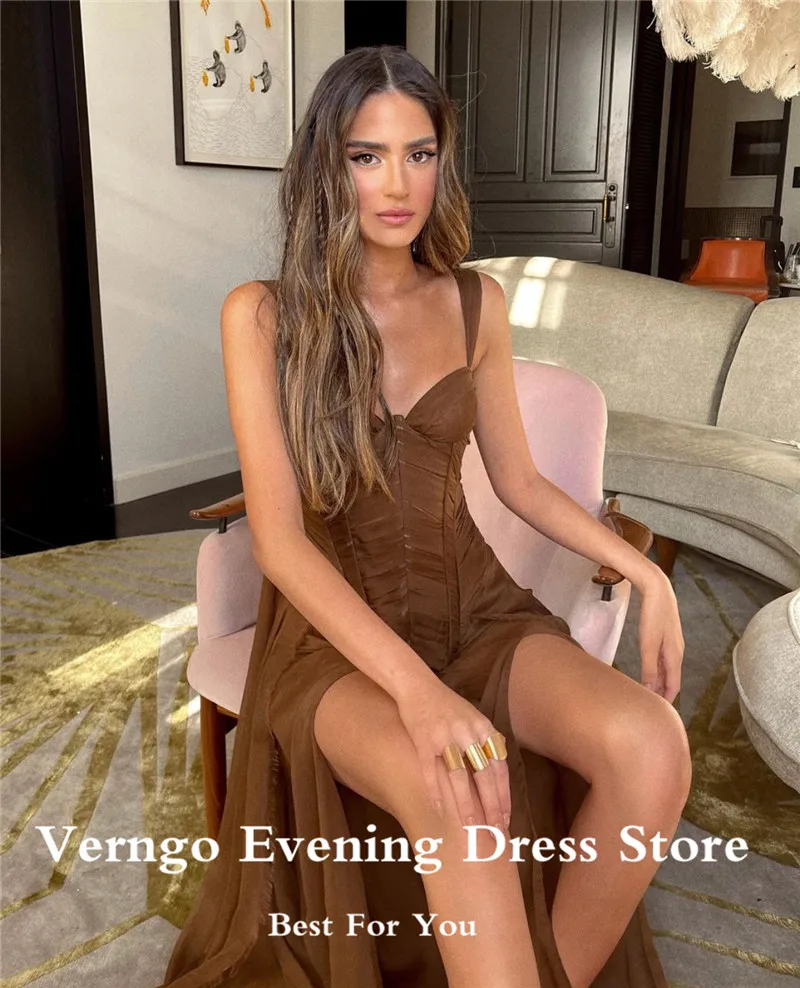 Verngo Women Long Dress Prom Party Dresses Coffee Silk Chiffon Sweetheart A Line Evening Gowns Side Pleats Formal Occasion Dress