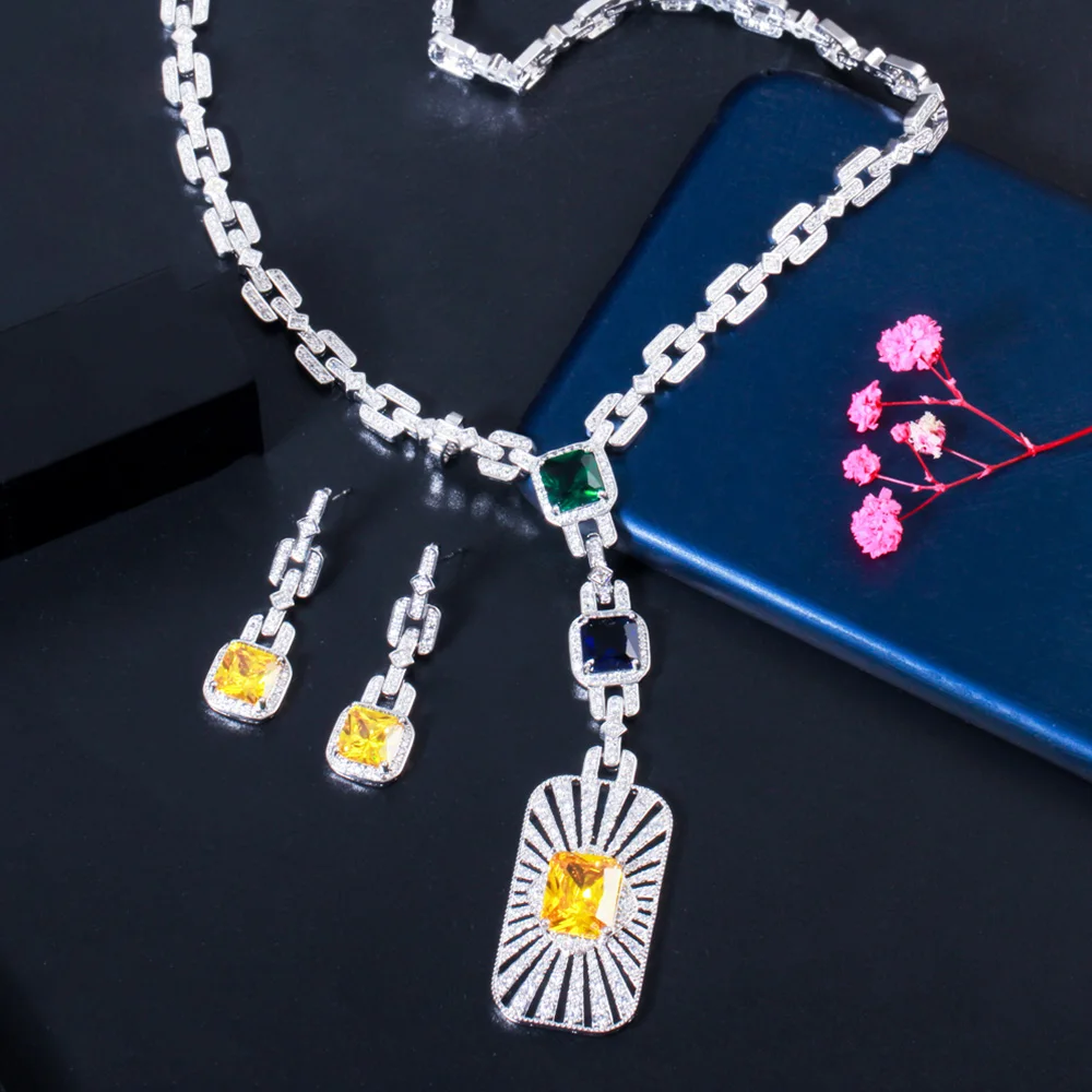 Pera Luxurious 2Pcs Colorful CZ Long Pendant Necklace Earrings Set for Women Wedding Dress Accessories Party Jewelry Bijoux J459