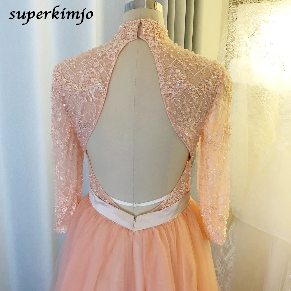 real picture prom dresses 2020 pink long sleeve high neck beading sequins pearls sheer bodice tulle floor length evening dresses