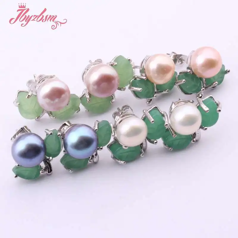 6mm Natural Round Freshwater Pearl Green Jades Stone Beads Tibetan Silver Earrings For Woman Christmas Valentine\'s Gift 1 Pair