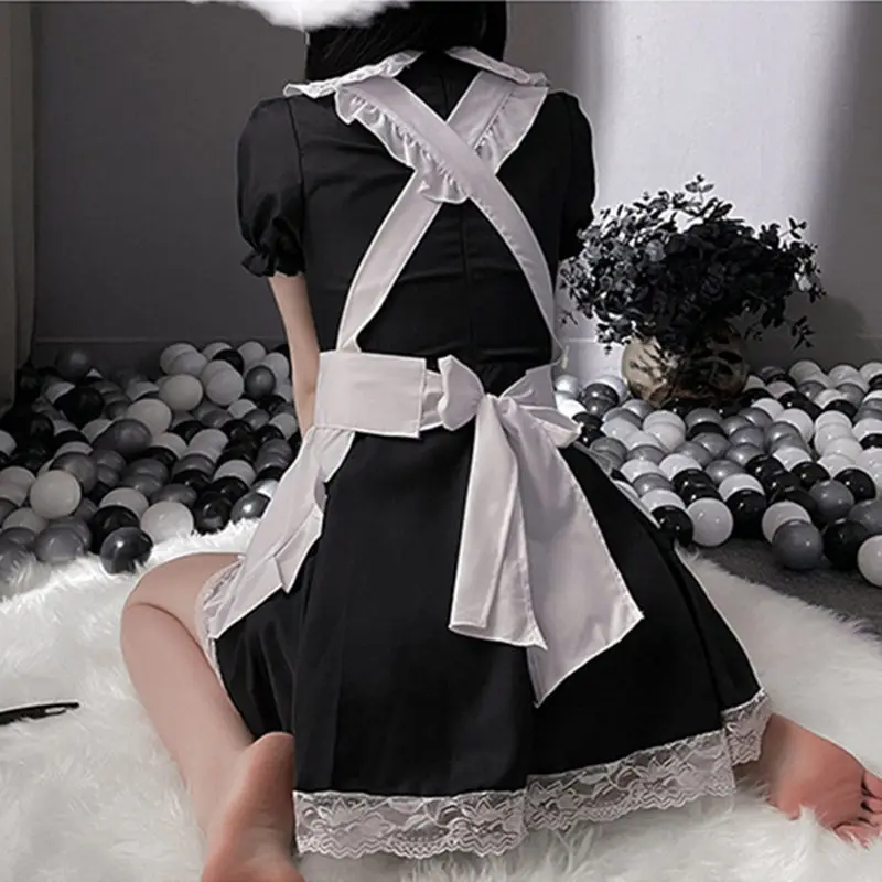 Uniforme tentación pasión muñeca Collar plisado encaje traje de sirvienta Cosplay dulce encaje corazón hueco lencería Sexy traje de Cosplay