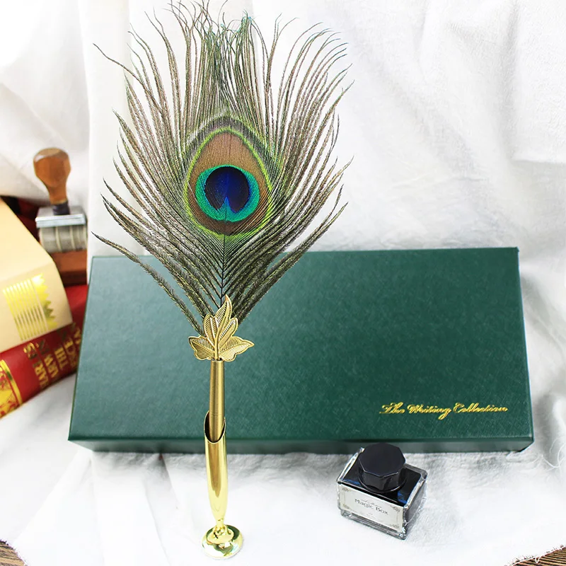 FEATTY Peacock Calligraphy Feather Dip pen Writing Set Gift Box Customizable LOGO Christmas Gift