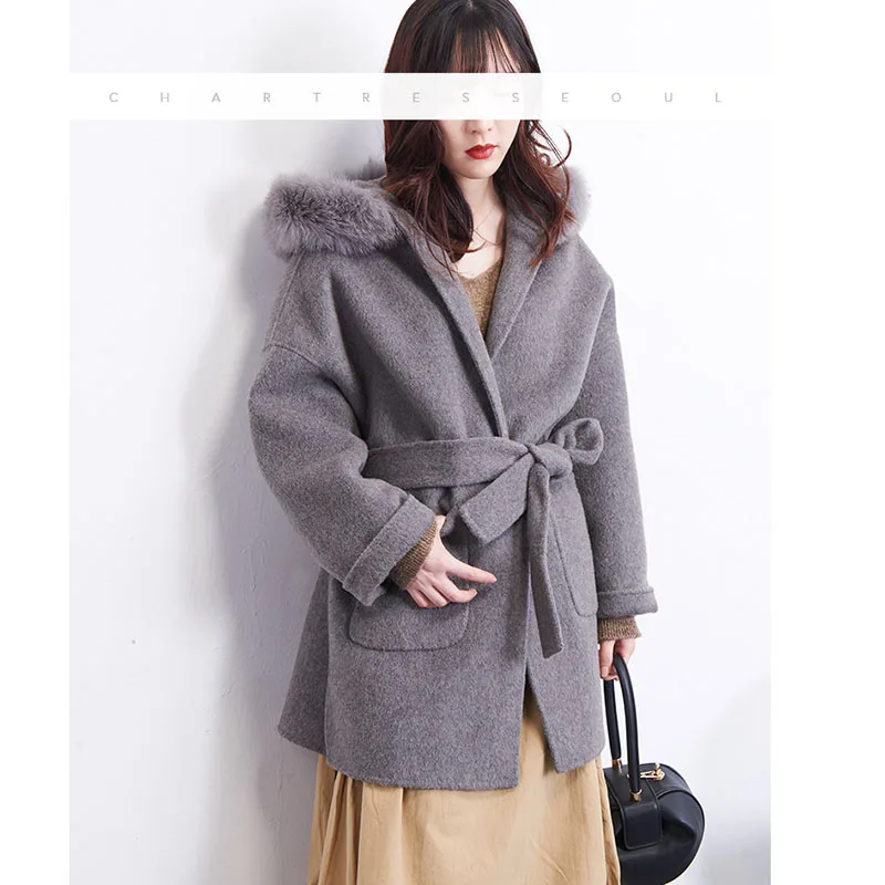 Woman Gray Coat With Real Fox Fur Hooded Trim Loose Warm Wool Blended Plus Size Coats Ladies Belt Jacket Oversize Outwear Female