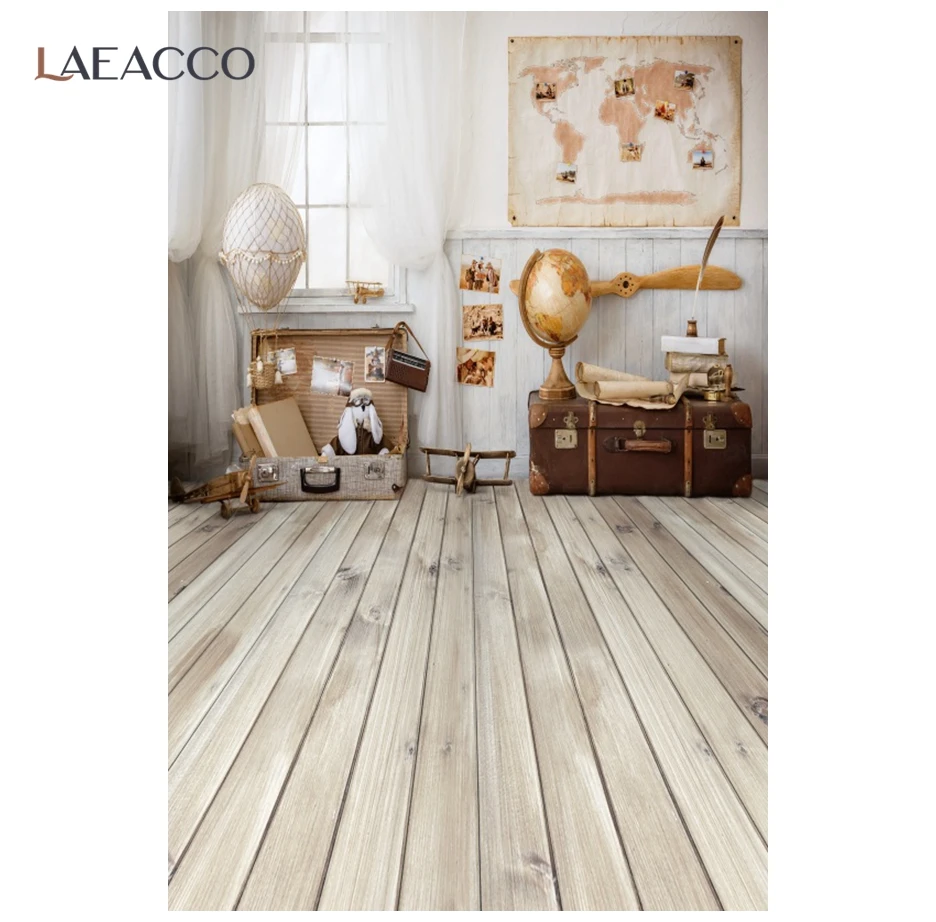 Laeacco Travel Bag Baby Children's Room Photography Backgrounds World Map Wooden Board Photo Backdrops For Photo Studio Decor