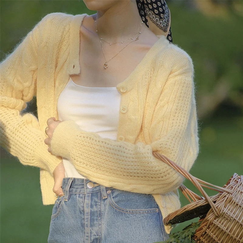 Limiguyue Women Mohair Knitted Cardigan Single-breasted Autumn Loose Knit Tops Casual Yellow White Long Sleeve Sweaters K2471