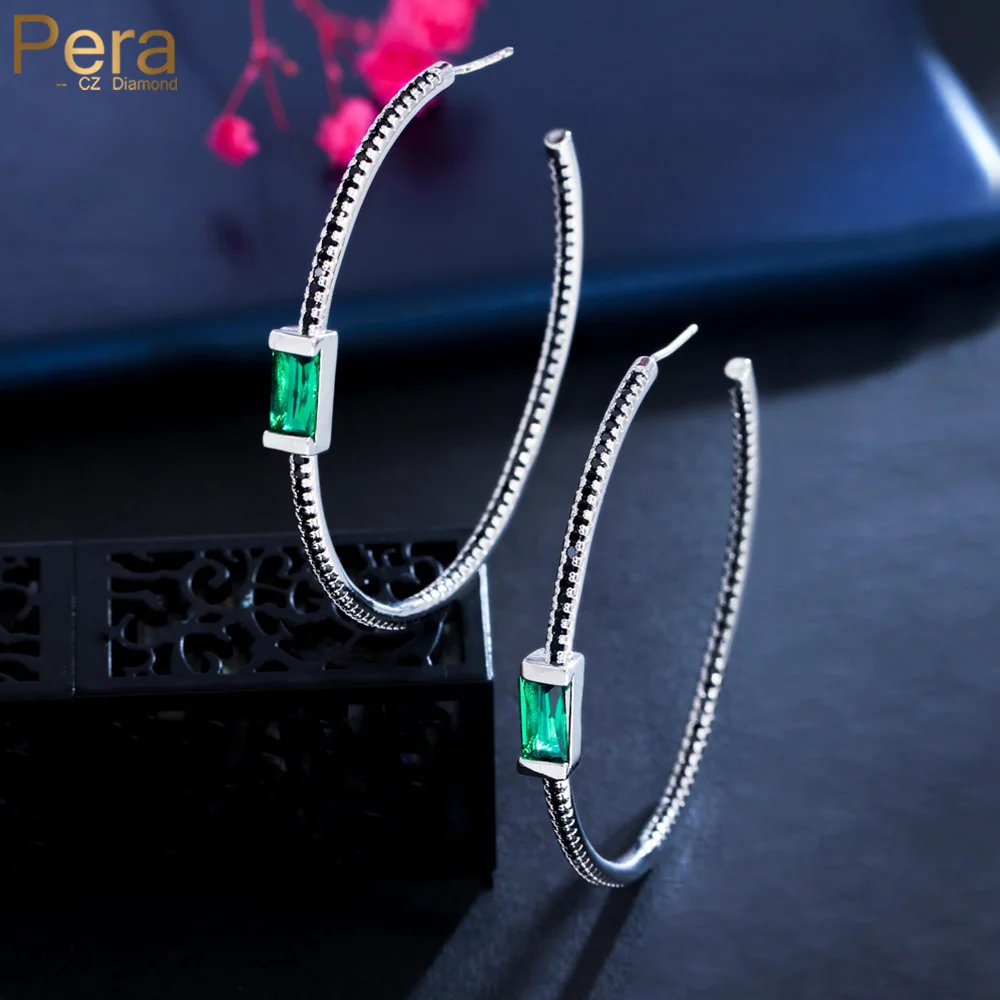 

Pera Dainty Large Circle Round Shape Green Square Cut Micro Pave CZ Stone Hoop Earring for Women 2023 Fashion Brand Jewelry E890