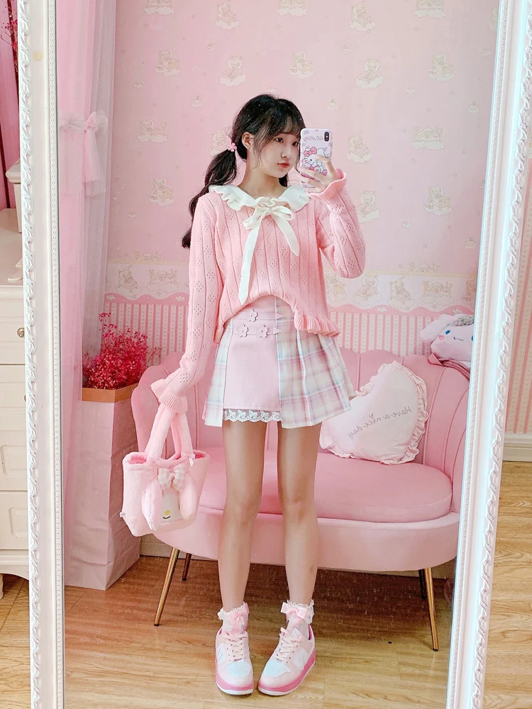 Kawaii Rabbit Ear Knit Sweater Cute Girl Jumper Women Crop Top Autumn Korean Fashion Long Sleeve Vintage Tie Bow Front Pullover