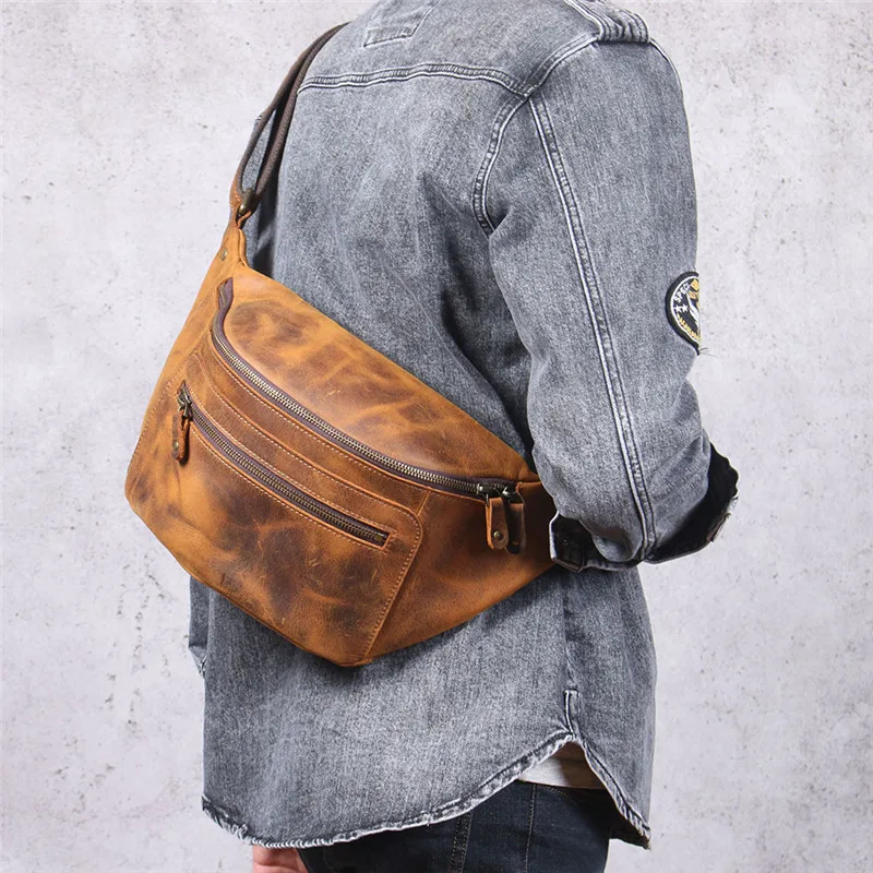 

PNDME vintage crazy horse cowhide men chest bag multi-function genuine leather waist pack real leather shoulder messenger bags