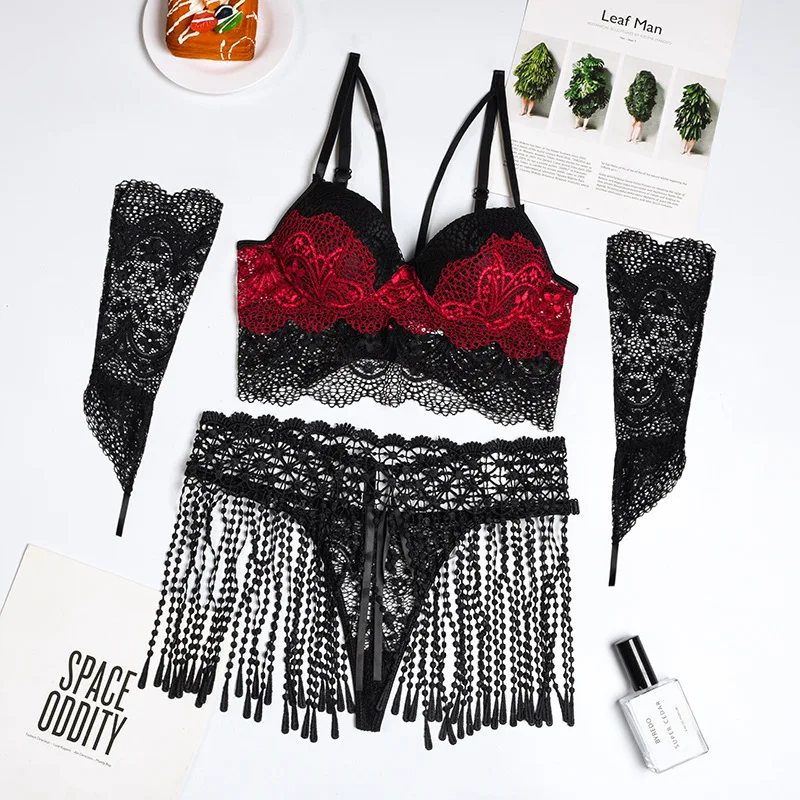 

Christmas underwear 5-piece set women lingerie panty tassel girdle lace stitching and glove bra set эротическое бельё