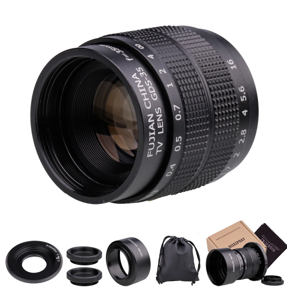 35mm f/1.7 CCTV Movie Lens for M4/3 / MFT Mount Camera & Adapter bundle