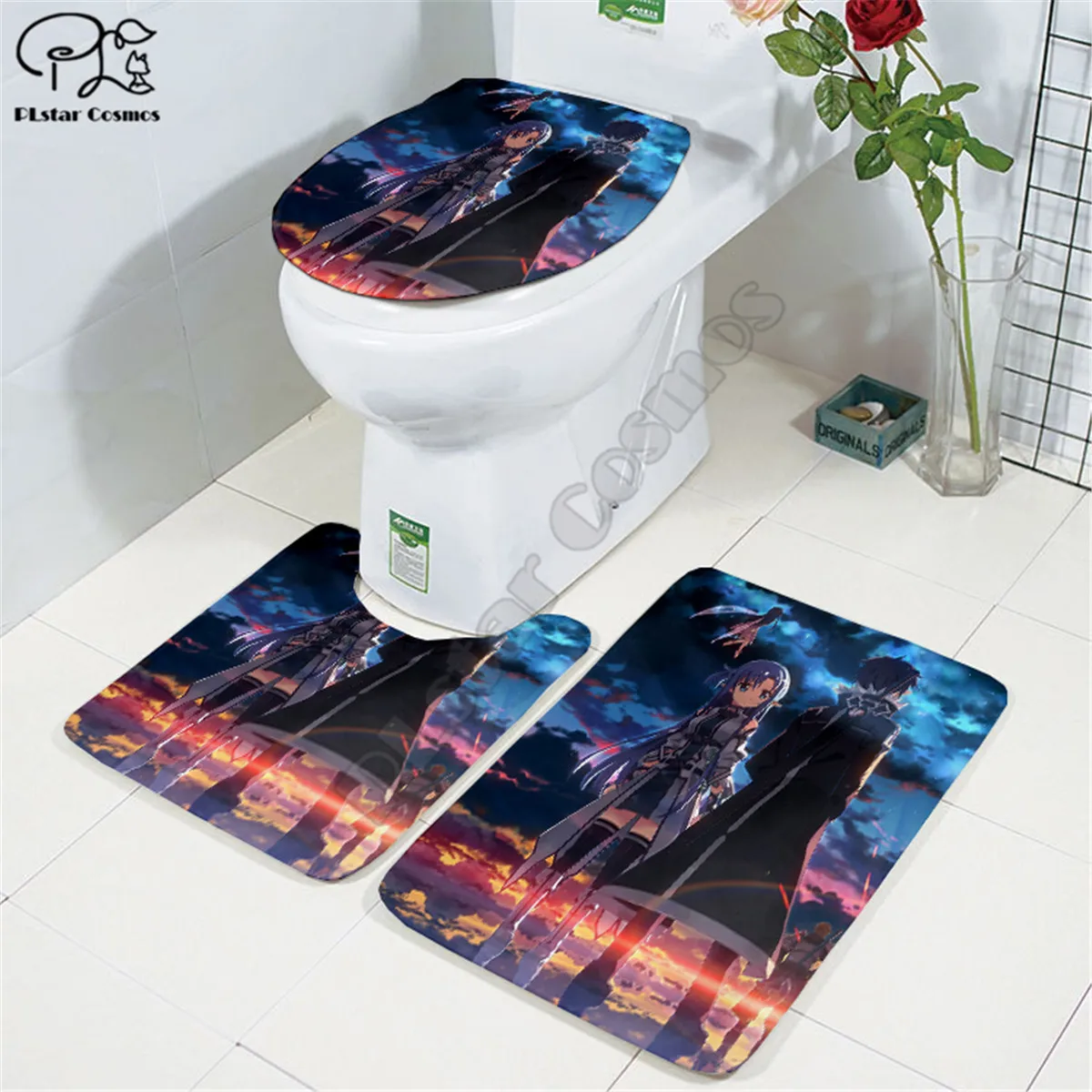 Sword Art Online pattern 3D printed Bathroom Pedestal Rug Lid Toilet Cover Bath Mat Set drop shipping style-3